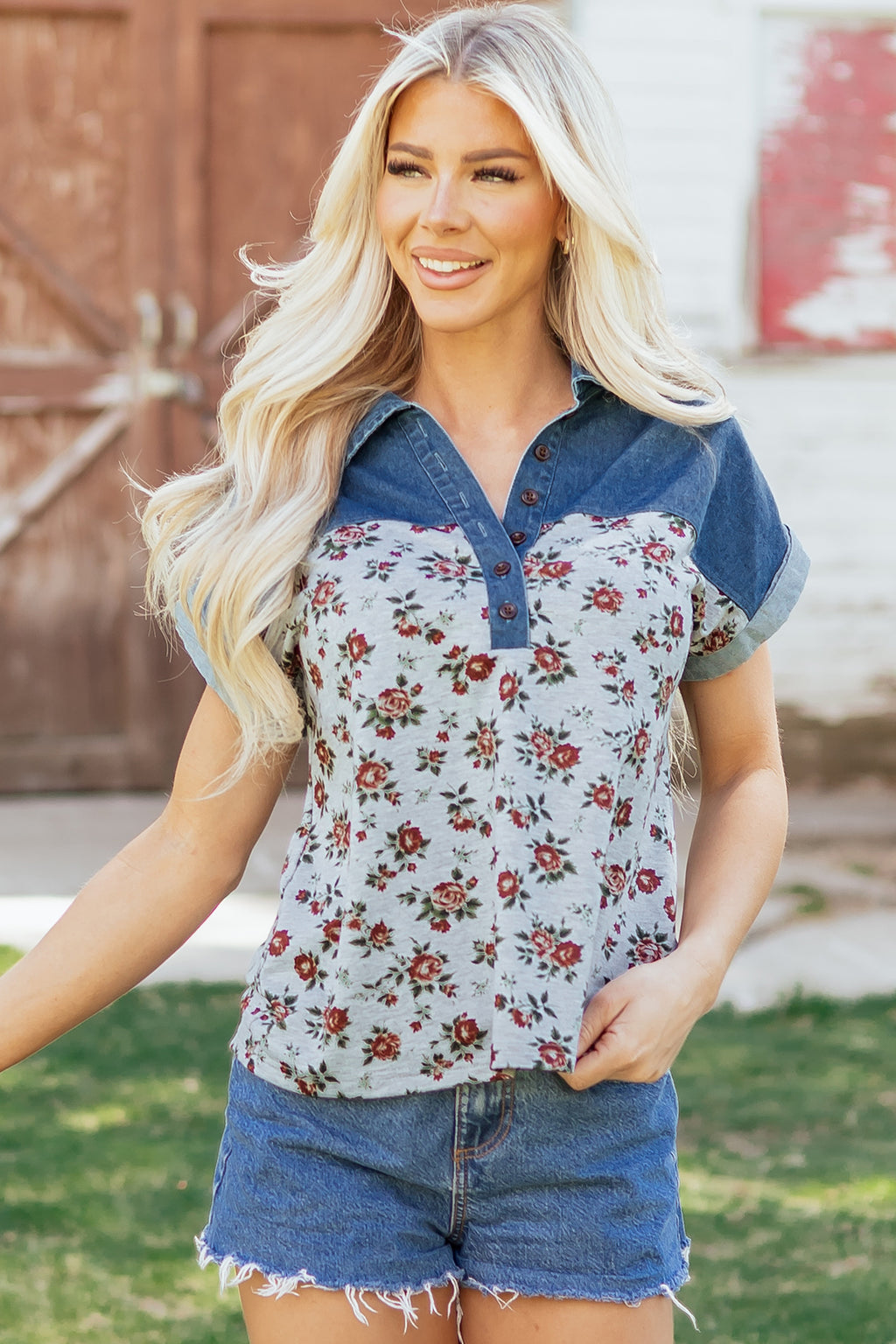 Grey Retro Floral Print Denim Patchwork Buttoned Polo Collar Top