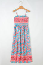 Sky Blue Bohemian Ethnic Print Spaghetti Straps Vacation Maxi Dress