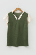 Plus Size Contrast Frilled Neckline Ruffled Short Sleeve Ribbed Textured Blouse