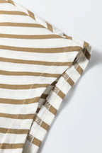 Khaki Stripe Leopard Patchwork Round Neck Loose T Shirt