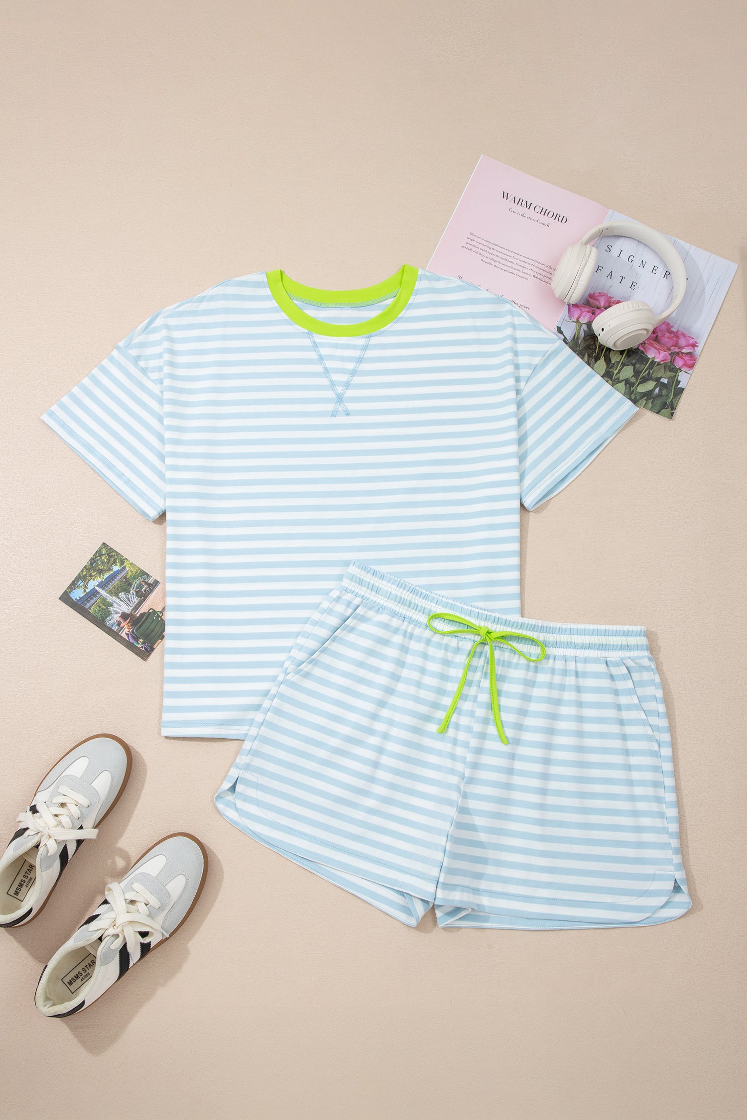 Striped Contrast Neck Loose Tee and Drawstring Shorts Set
