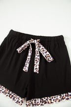 Black Leopard Patchwork Trim Lapel Shirt Drawstring Shorts 2pcs Pajama Set