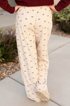Apricot Bow Print Drawstring Elastic Waist Loose Corduroy Pants