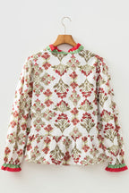 Floral Print Frilled Color Block Trim V Neck Long Sleeve Peplum Top