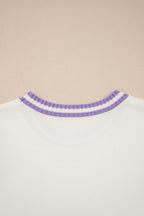 White Mardi Gras Tinsel Letter Graphic Short Sleeve Sweater