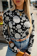 Thumbhole Long Sleeve Floral Print Mesh Top