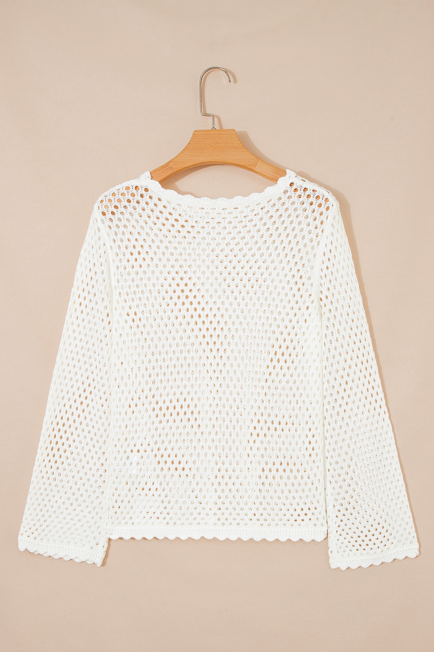 Scalloped Trim Hollow Out Knit Long Sleeve Top