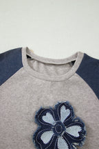 Dark Blue Floral Patchwork Colorblock Raglan Sleeve T Shirt