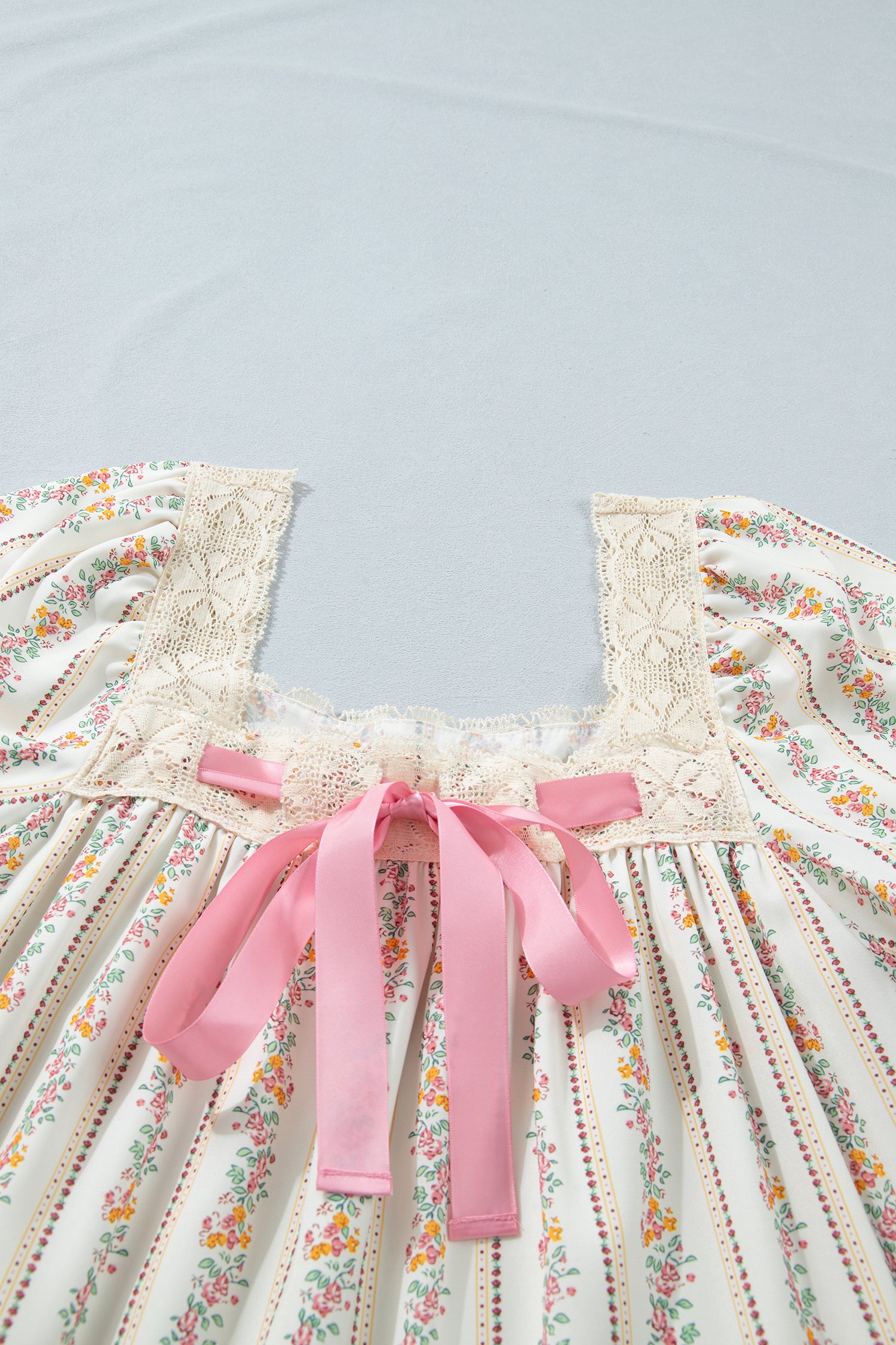Multicolour Floral Print Contrast Ribbon Bow Lace Trim Square Neck Mini Dress