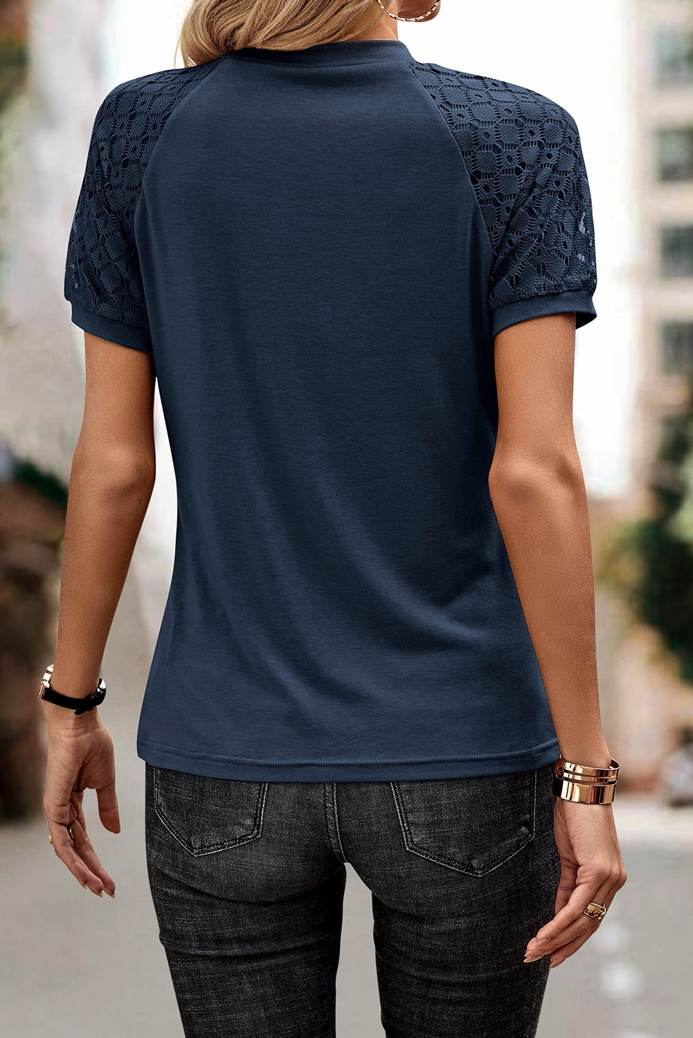 Seamed Detail Contrast Lace Raglan Sleeve Tee