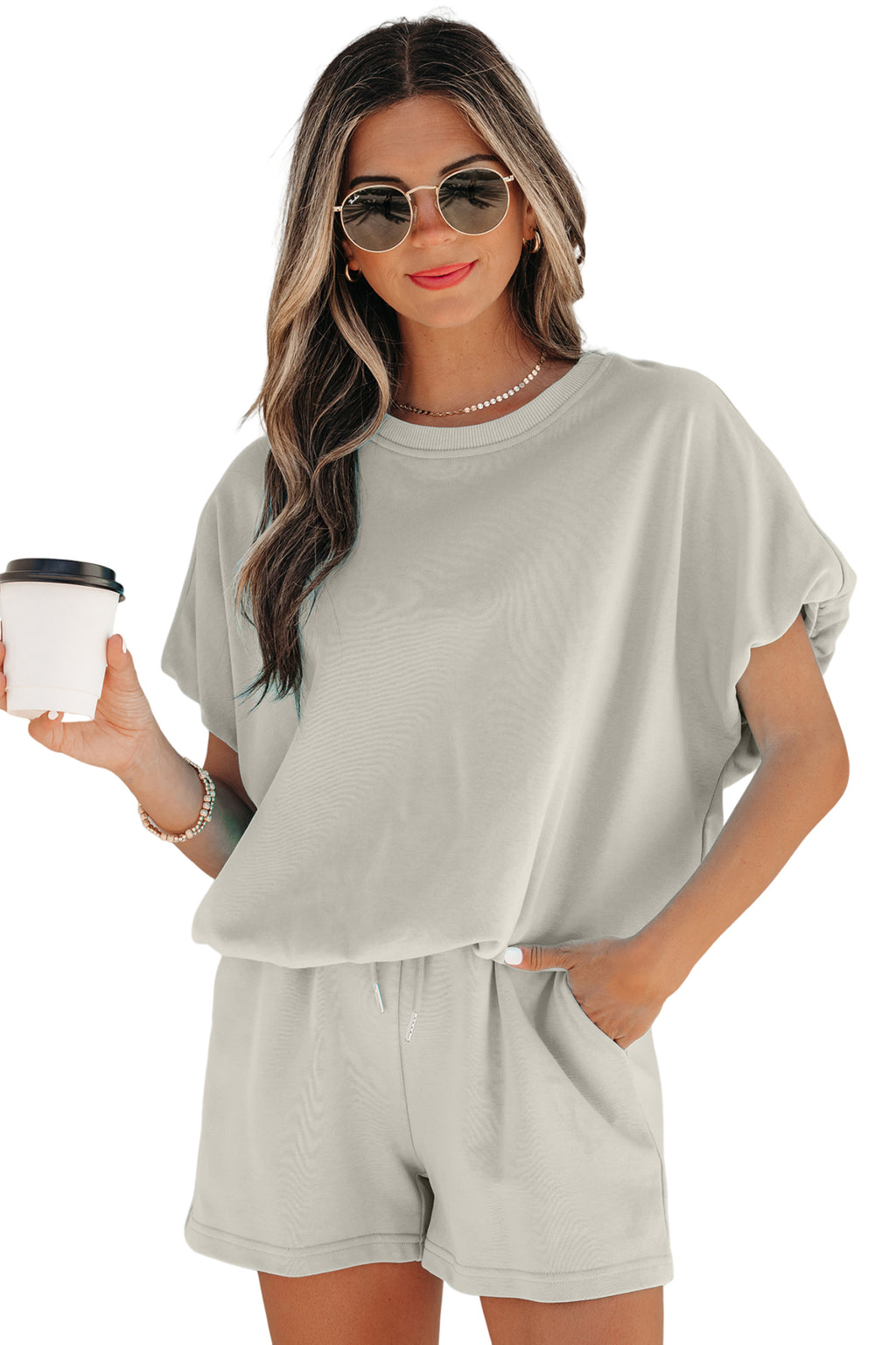 Solid Colour Puffy Loose Top Drawstring Shorts 2pcs Outfit