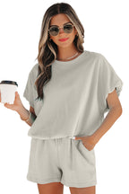 Solid Colour Puffy Loose Top Drawstring Shorts 2pcs Outfit