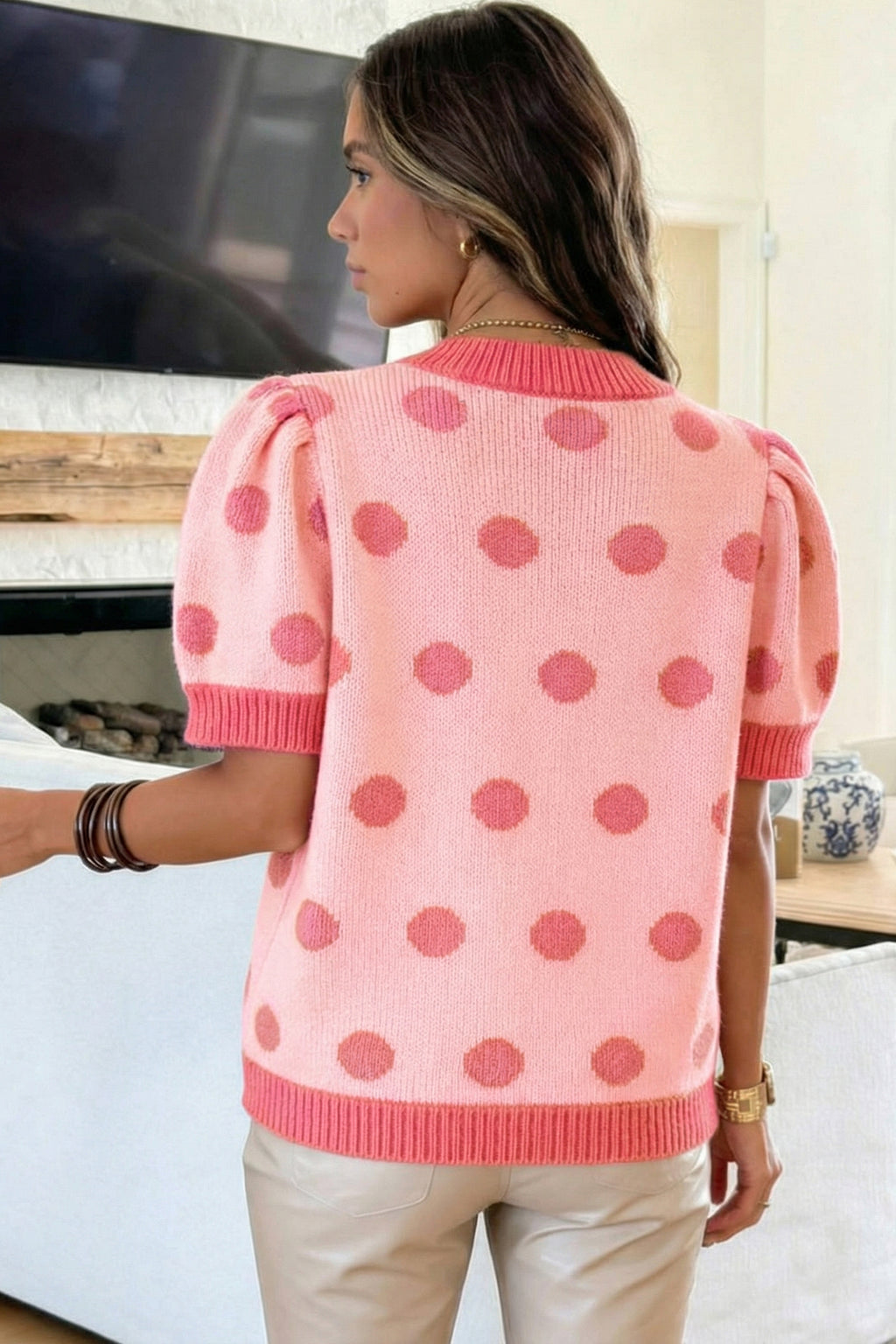 Polka Dot Puff Short Sleeve Sweater Top