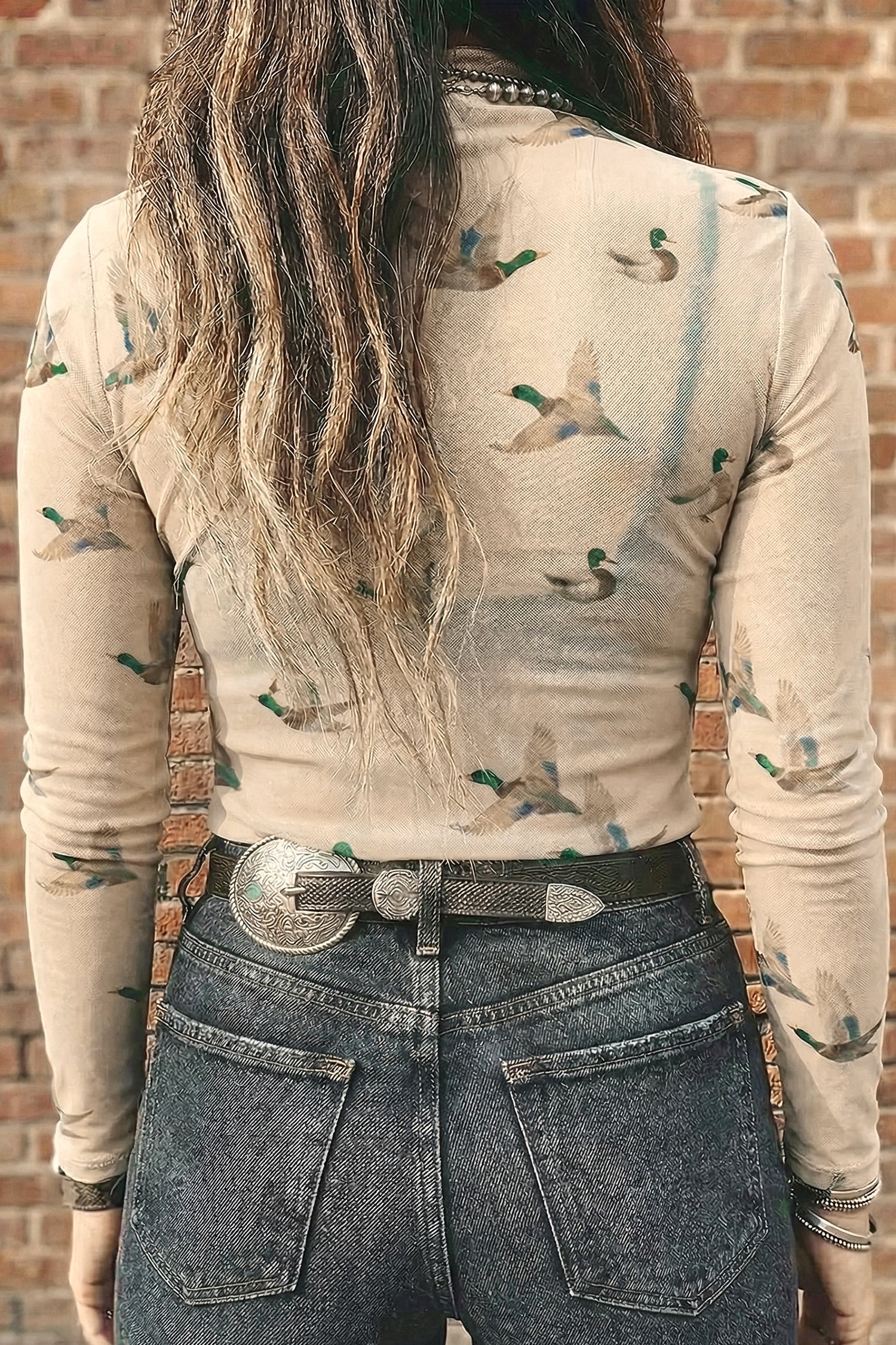 Beige High Neck Western Print Mesh Sheer Long Sleeve Pullover
