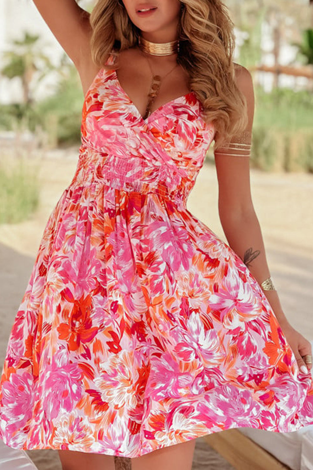 Floral Spaghetti Strap Surplice Neck Shirred Waist Mini Dress