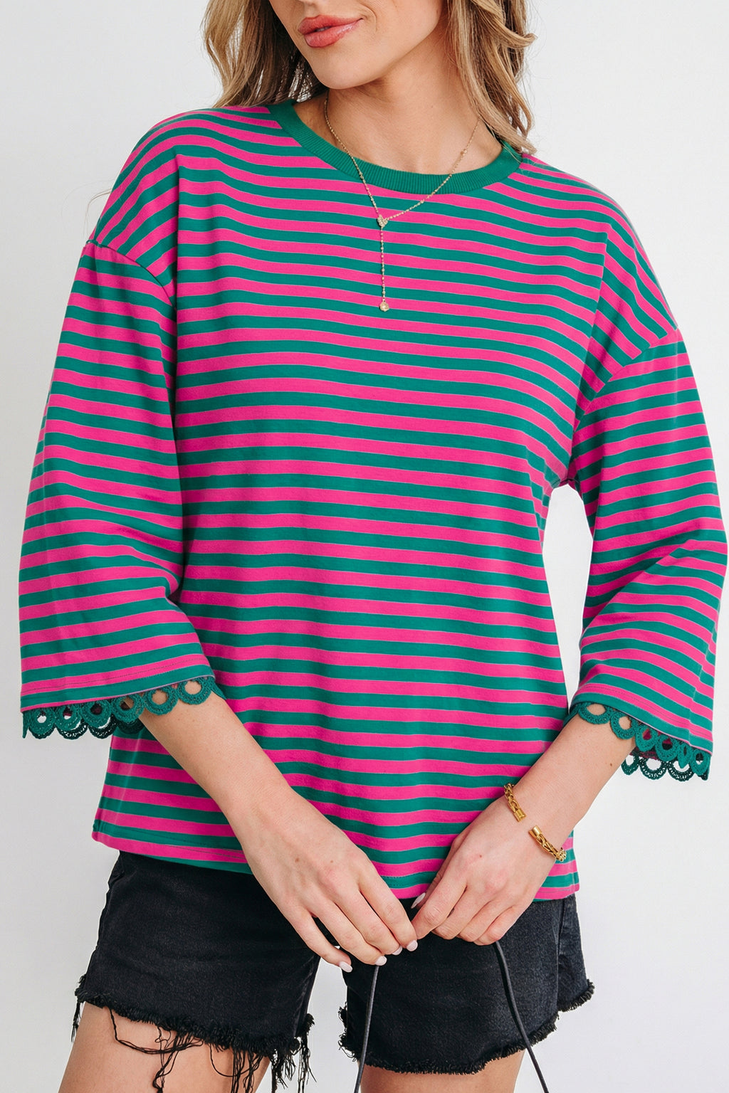 Striped Print Drop Shoulder Lace Trim Bracelet Sleeve Loose Top