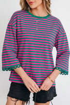 Striped Print Drop Shoulder Lace Trim Bracelet Sleeve Loose Top