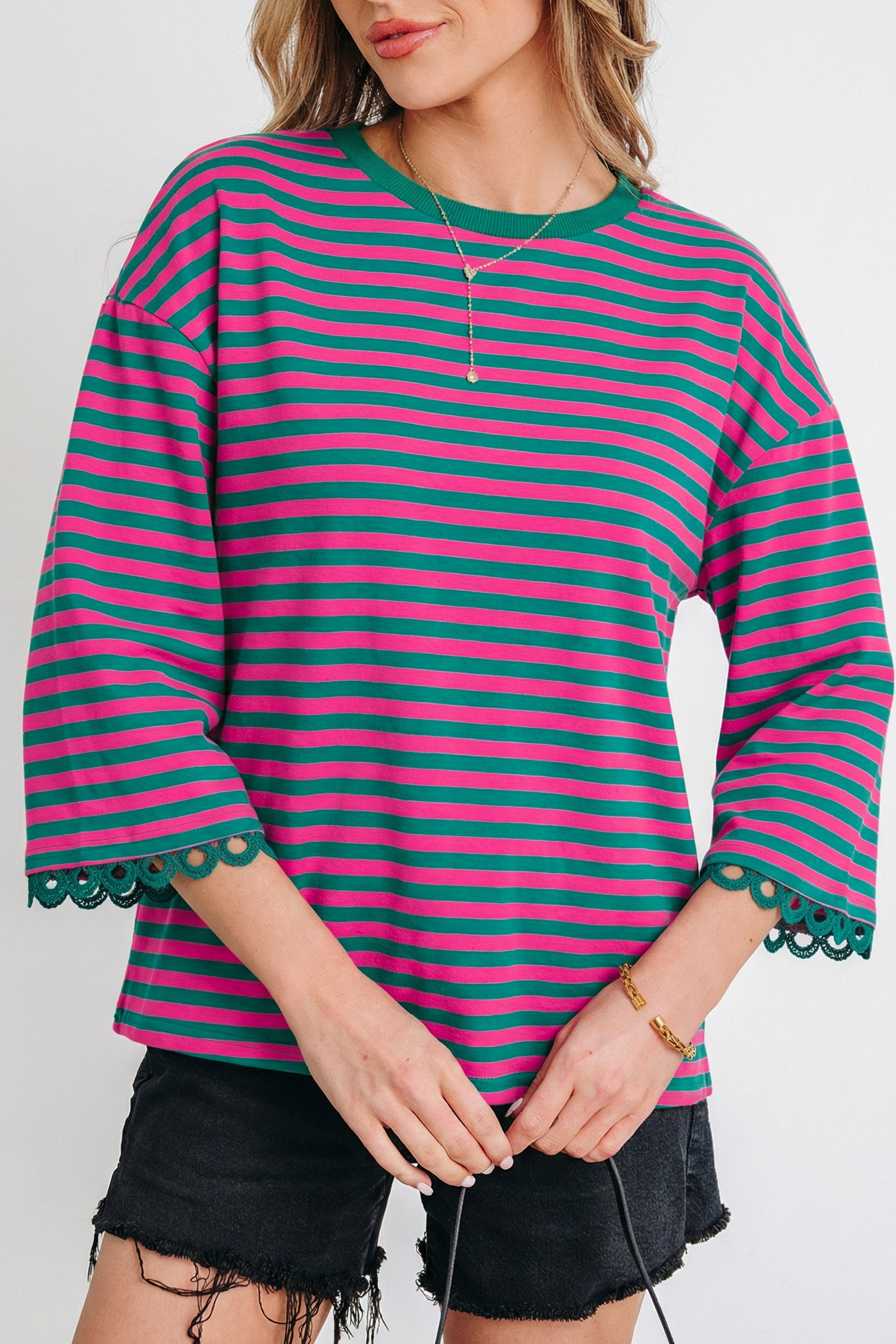 Striped Print Drop Shoulder Lace Trim Bracelet Sleeve Loose Top