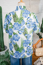Sky Blue Palm Floral Print Striped Patchwork V Neck Short Sleeve Blouse
