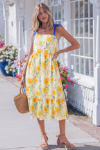 Floral Print Contrast Stitched Knot Denim Straps High Waist Dress
