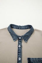 Beige Short Sleeve Ribbed Knit Denim Patchwork Polo Collar Dress