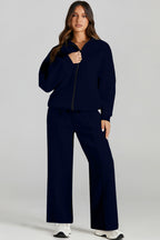 Drop Shoulder Zip Up Jacket Drawstring Pants Active 2pcs Set
