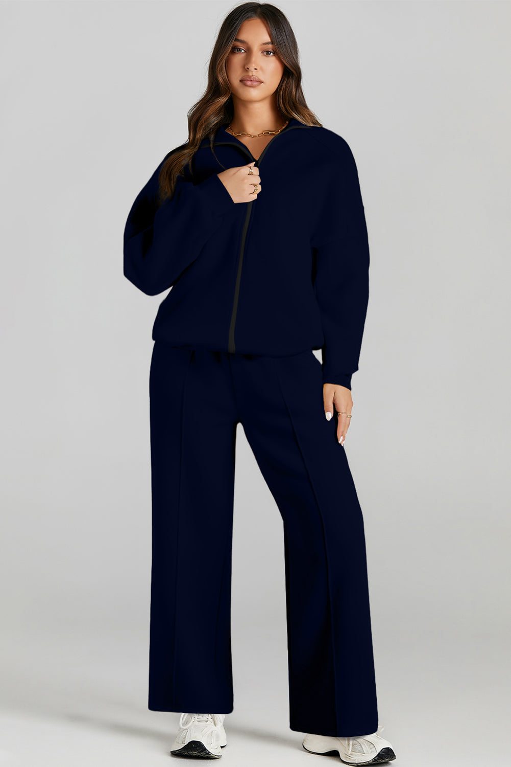 Drop Shoulder Zip Up Jacket Drawstring Pants Active 2pcs Set