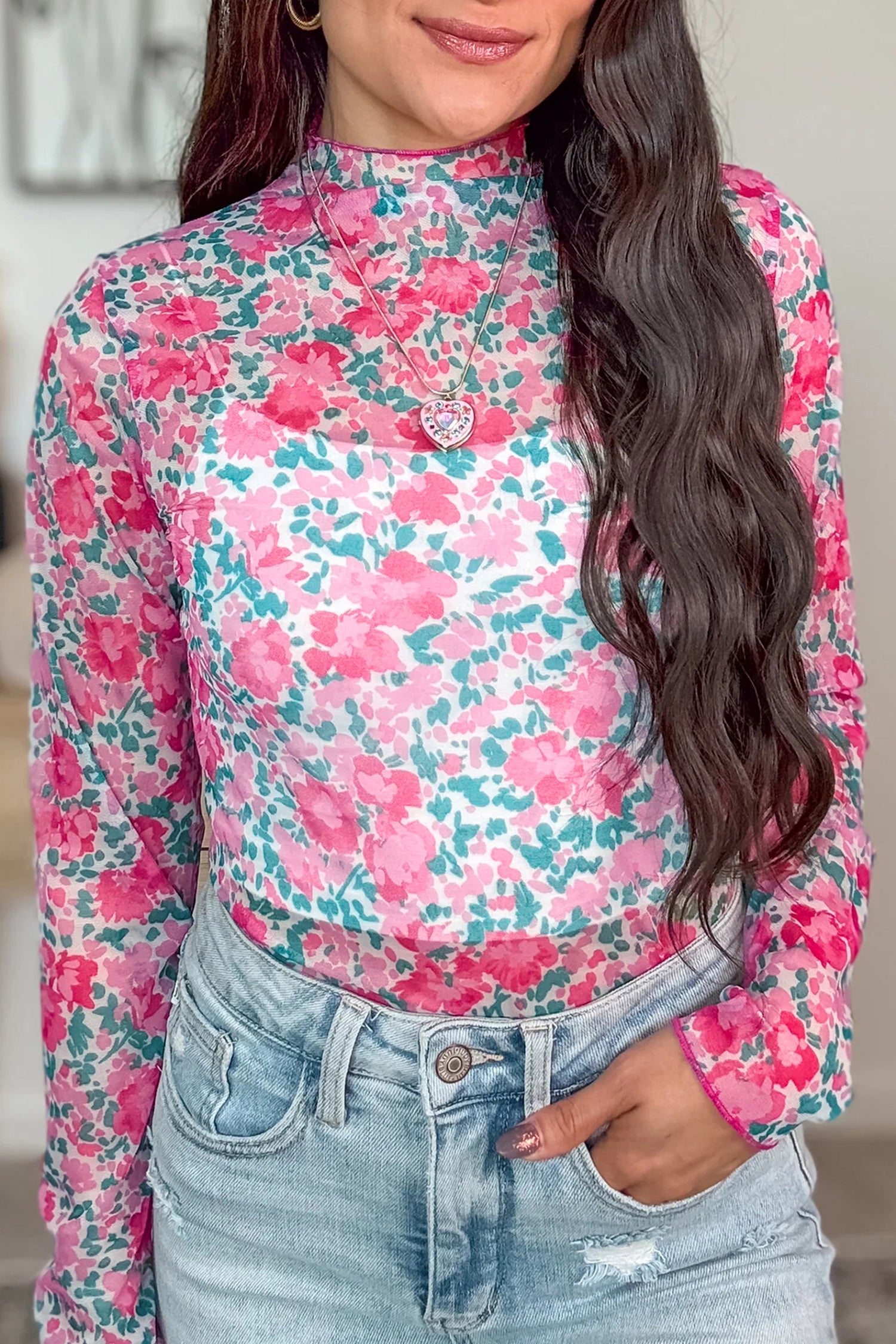 Slim Fit Floral Mesh Long Sleeve Mock Neck Top