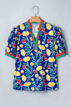 Blue Wild Floral Printed Contrast Striped Patchwork V Neck Short Sleeve Blouse
