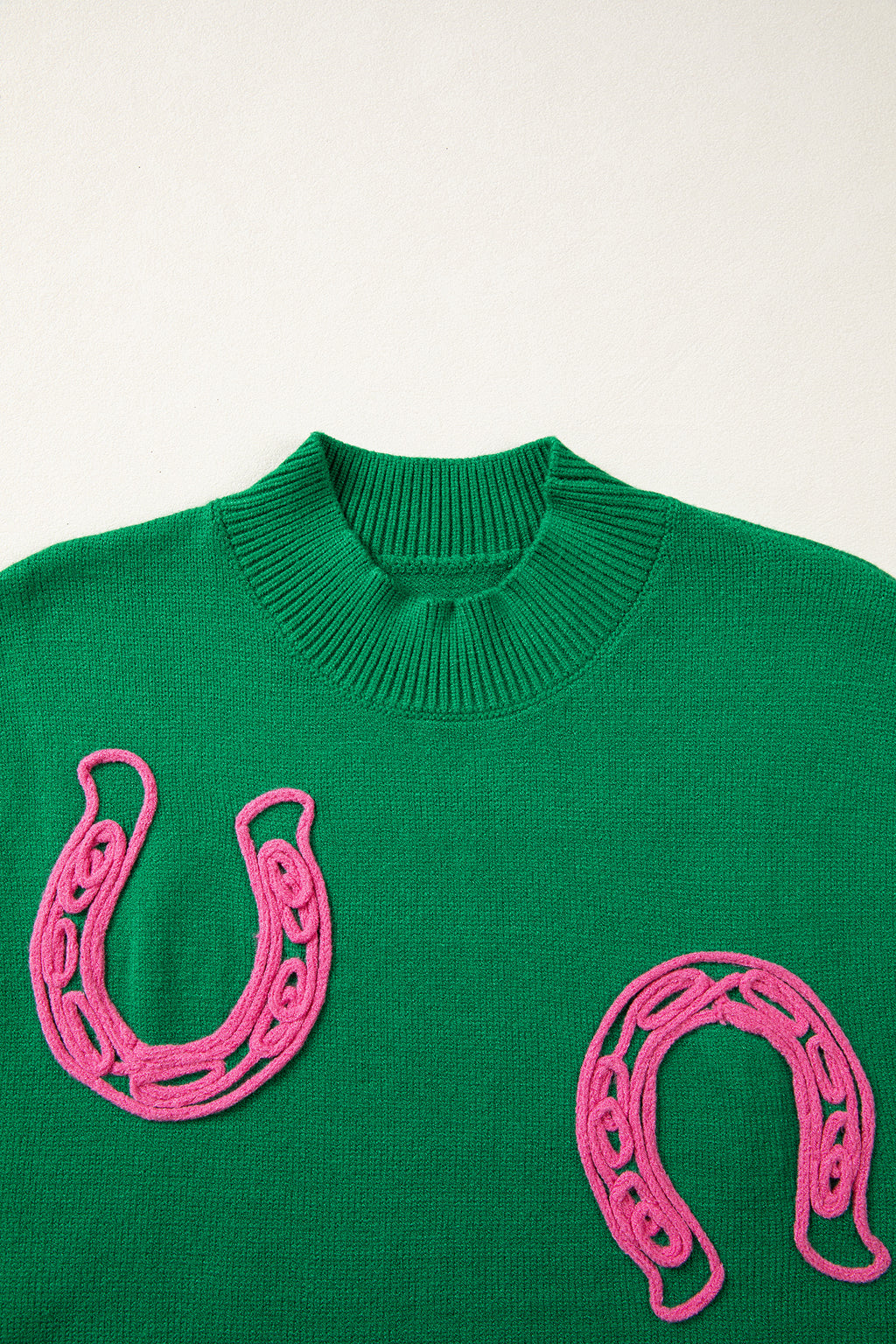 Corded Horseshoes Ribbed Trim Mock Neck Short Sleeve Sweater