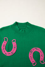 Corded Horseshoes Ribbed Trim Mock Neck Short Sleeve Sweater