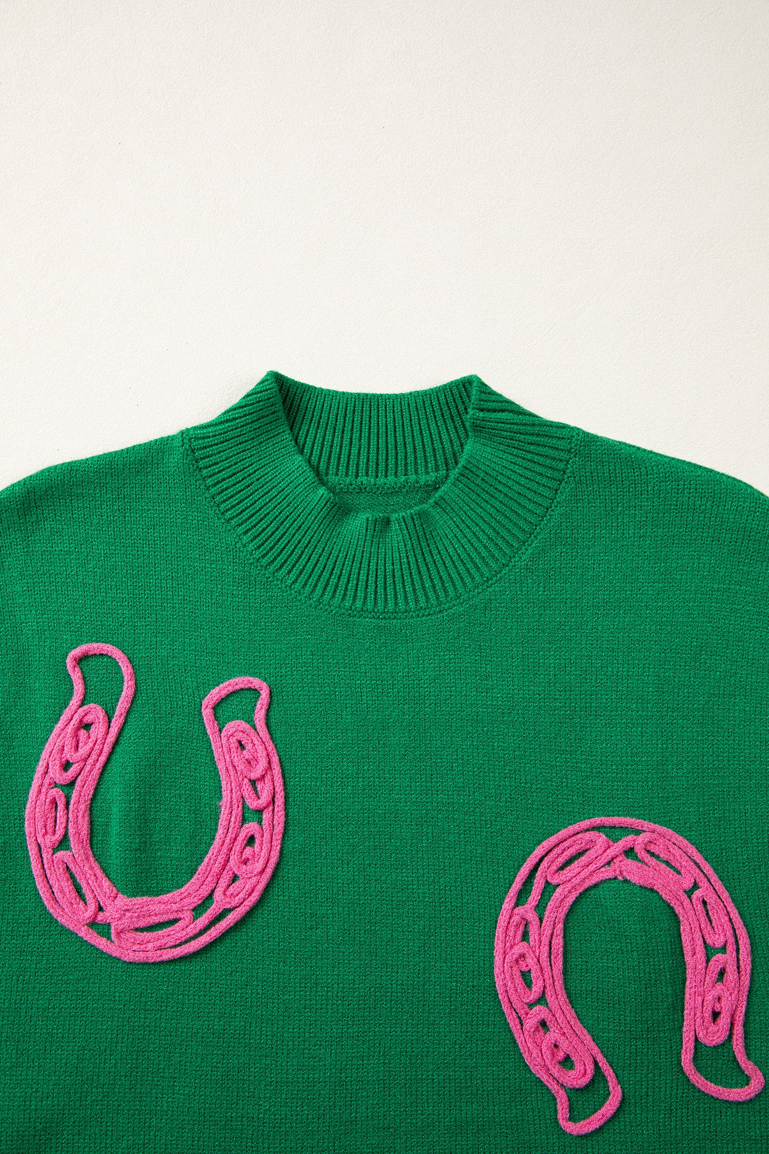 Corded Horseshoes Ribbed Trim Mock Neck Short Sleeve Sweater