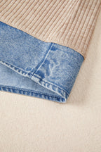 Beige Ribbed Knit Denim Color Block Patchwork Button Detail Collared Blouse