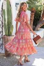 Multicolour Paisley Print V-Neck Short Sleeve Boho Maxi Dress with Ruffle Details