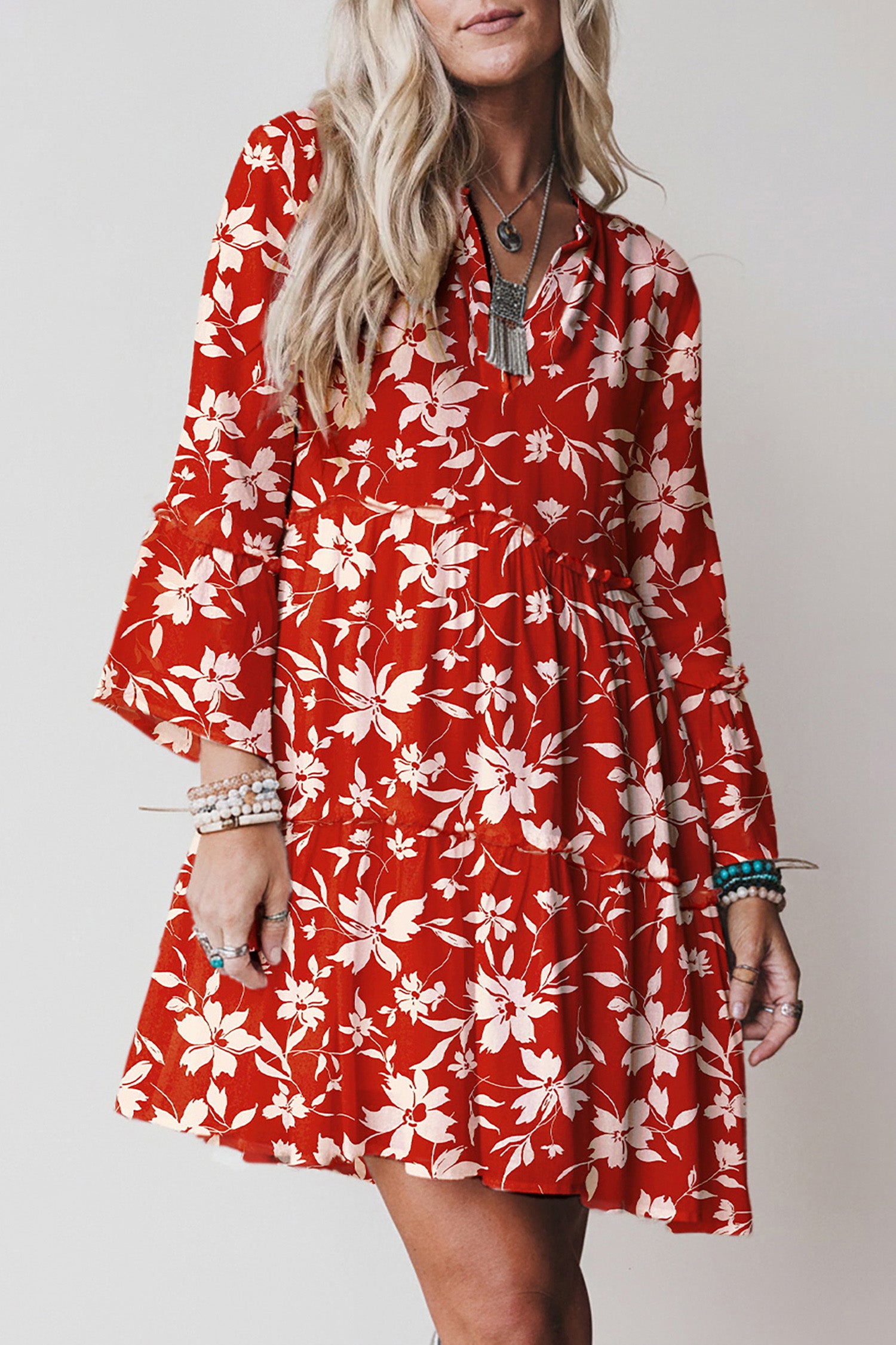 Boho Floral Print Lettuce Trim 3/4 Sleeve Mini Dress
