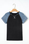 Waffle Knit Seam Detail Color Block Patchwork Short Sleeve Top