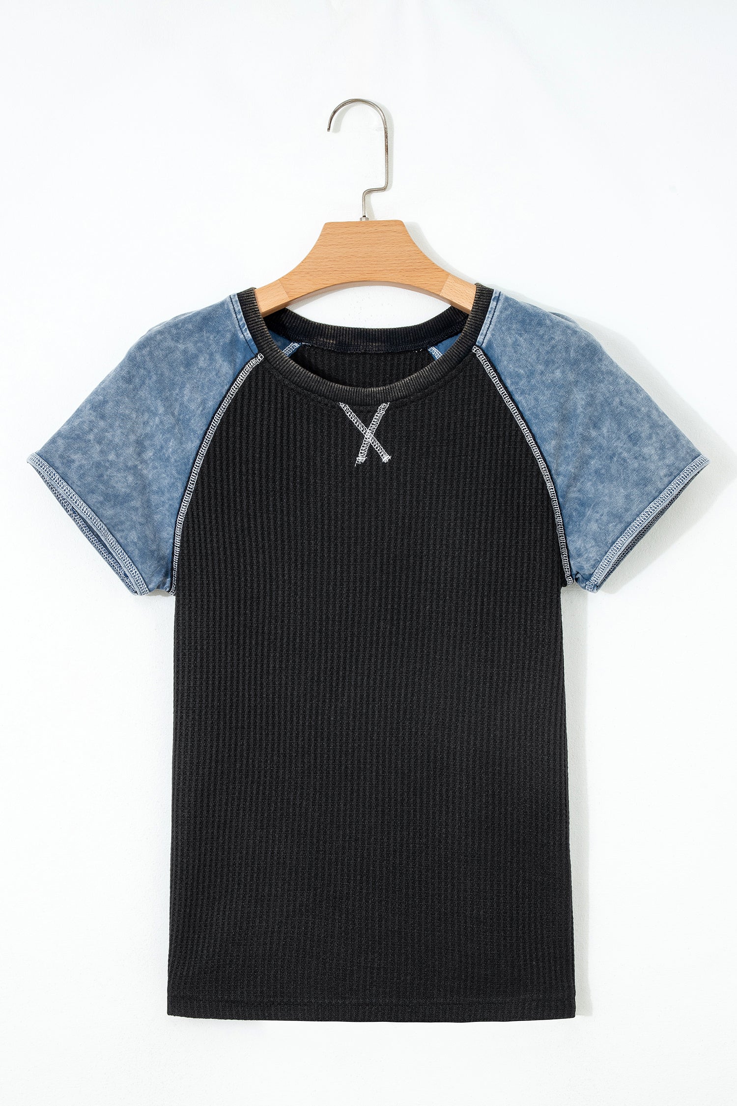 Waffle Knit Seam Detail Color Block Patchwork Short Sleeve Top