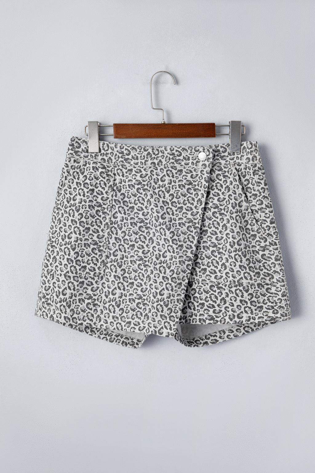 Grey Leopard Print Wrap Front Denim Shorts