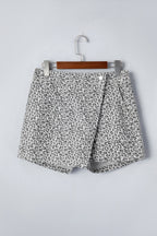 Grey Leopard Print Wrap Front Denim Shorts