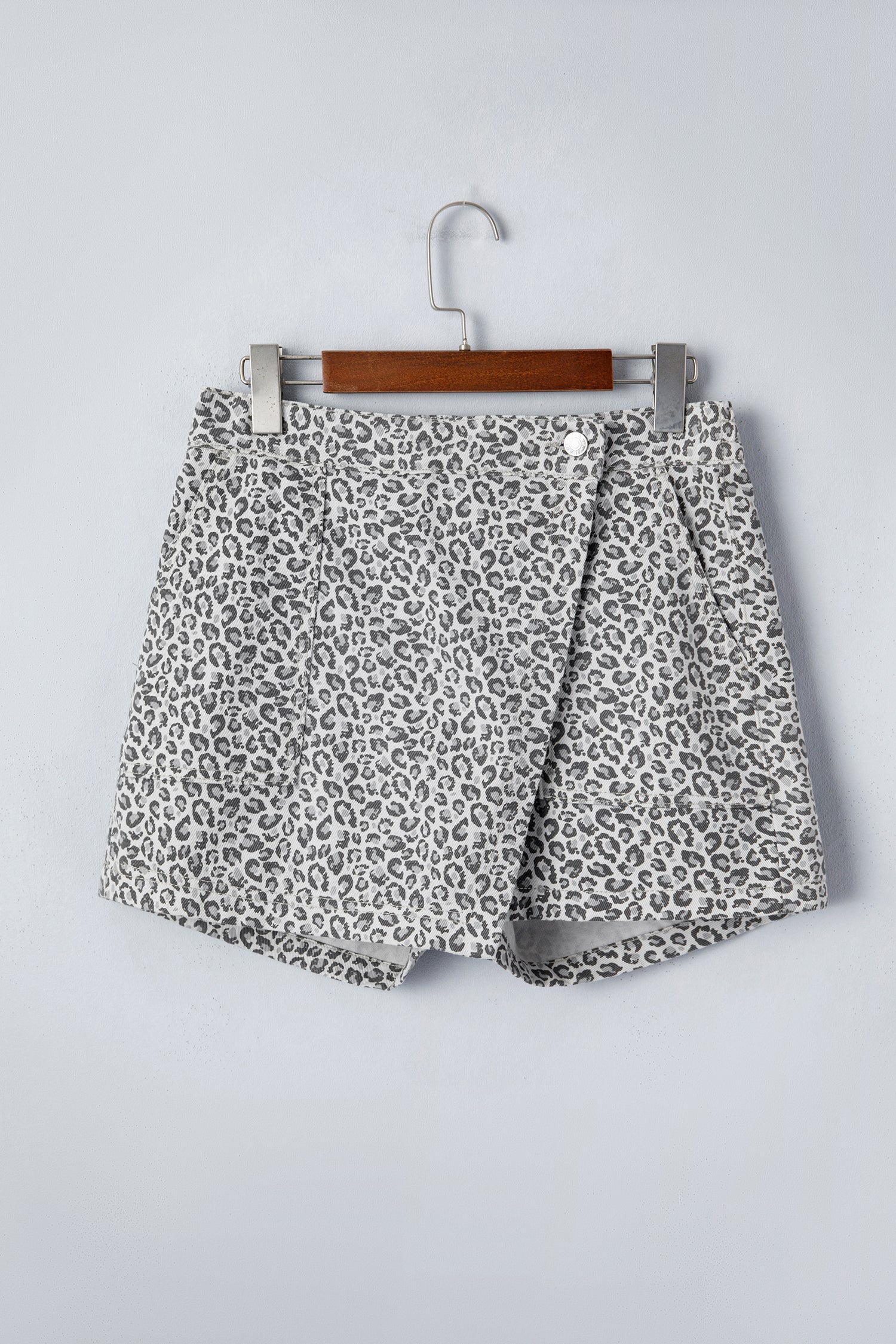 Grey Leopard Print Wrap Front Denim Shorts
