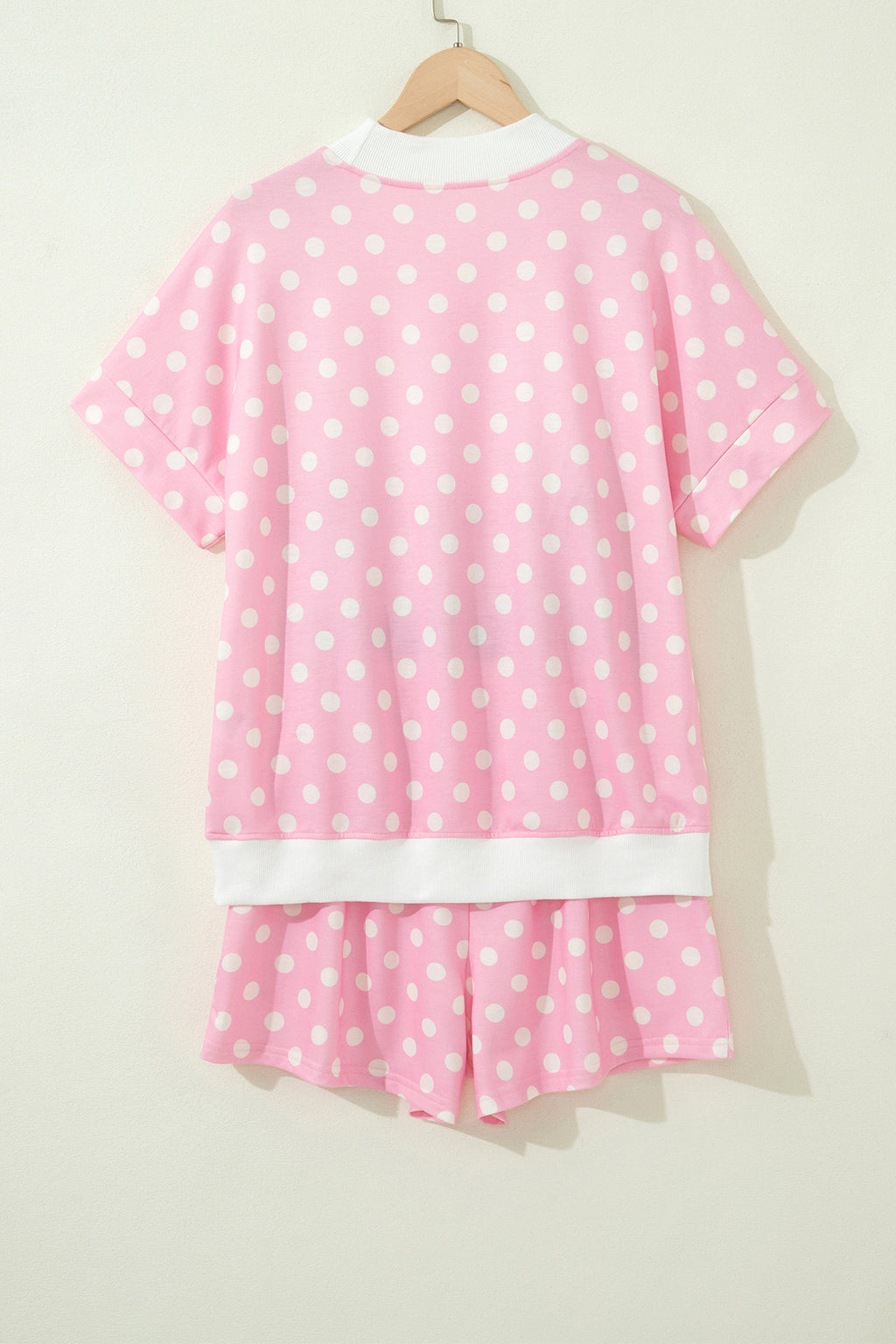 Polka Dot Print Color Block Trim Mock Neck Short Set