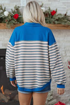 Striped Buttoned V Neck Collared Drop Shoulder Top