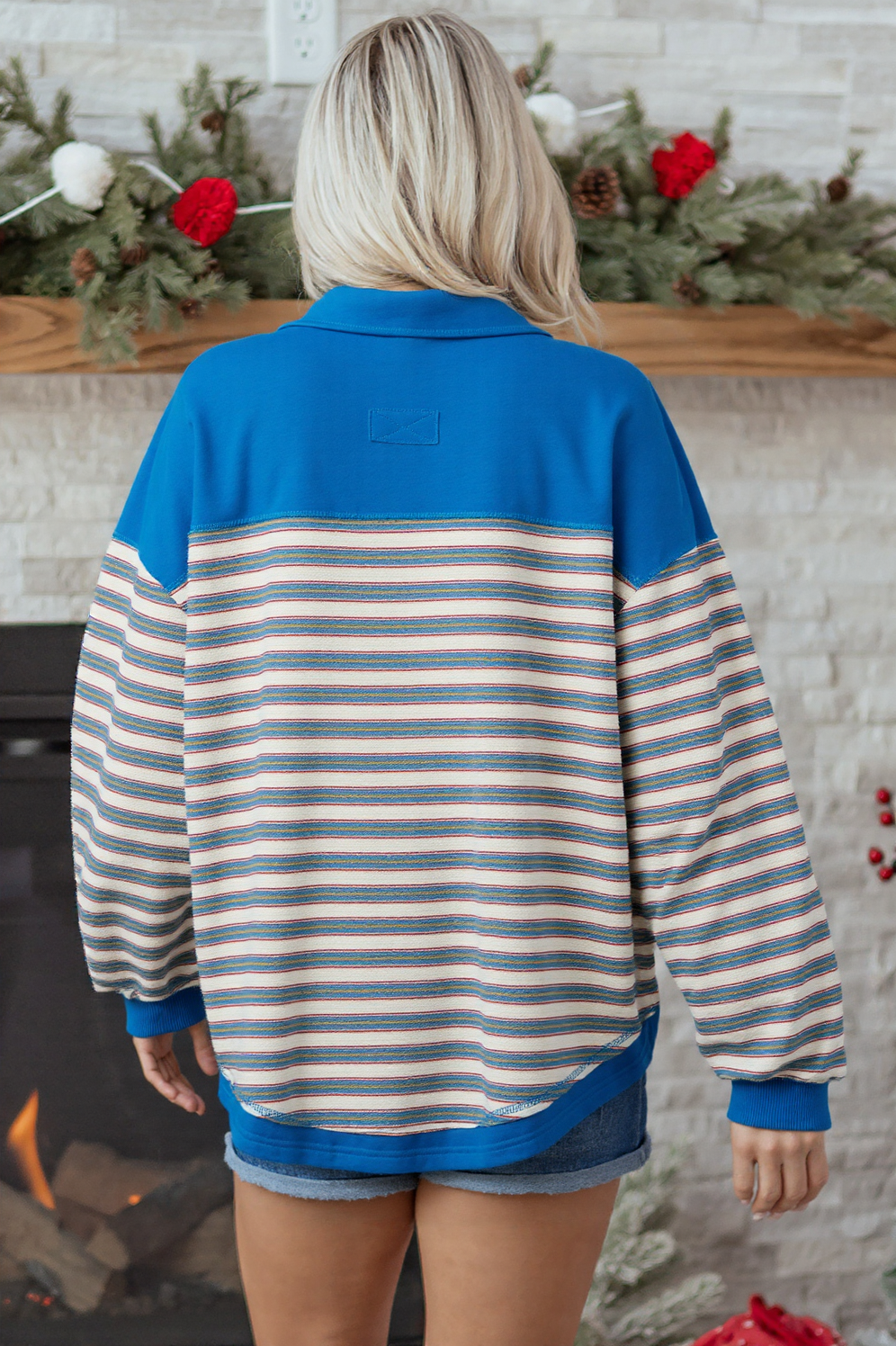 Striped Buttoned V Neck Collared Drop Shoulder Top