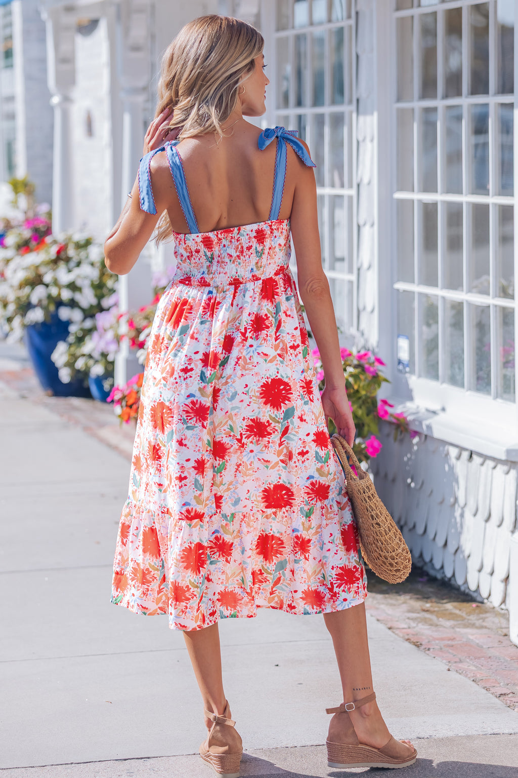 Floral Print Contrast Stitched Knot Denim Straps High Waist Dress
