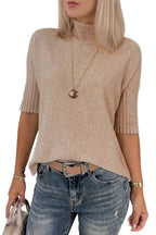Beige High Neck Short Sleeve Knit Top Regular Wash Casual Style Sweater