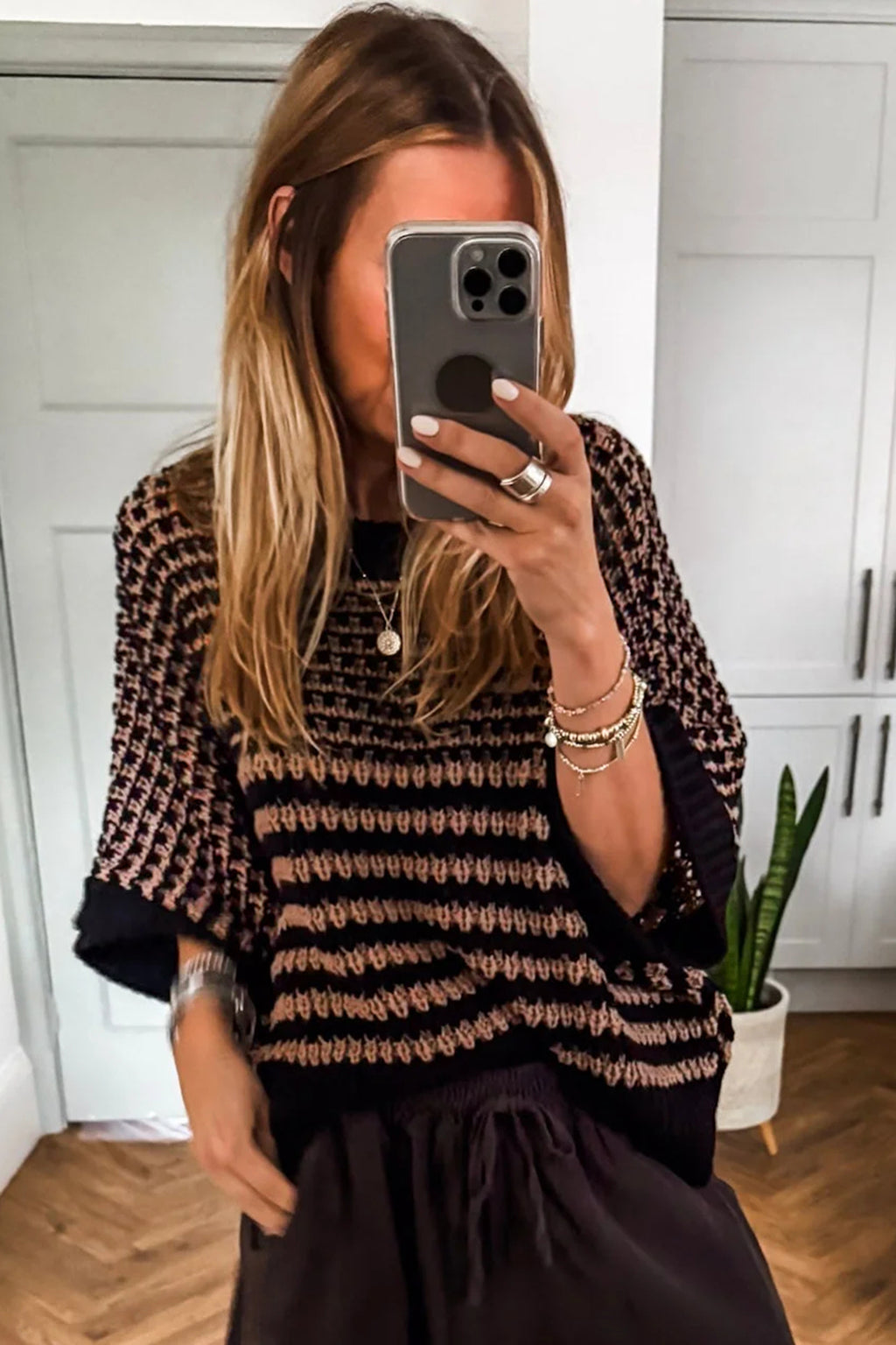 Striped 3/4 Draped Sleeve Slouchy Sweater