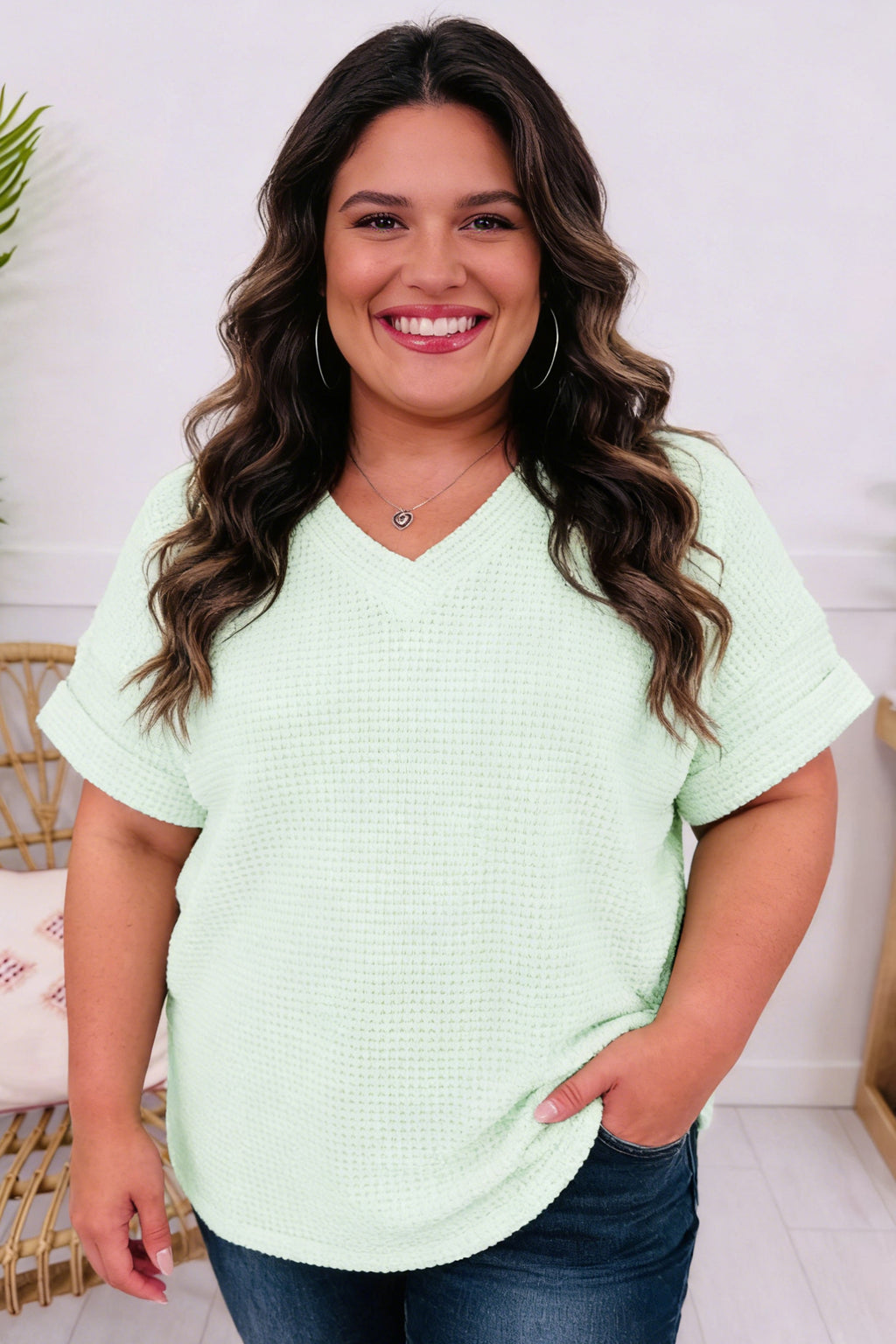 V Neck Short Sleeve Plus Size Waffle Knit Top