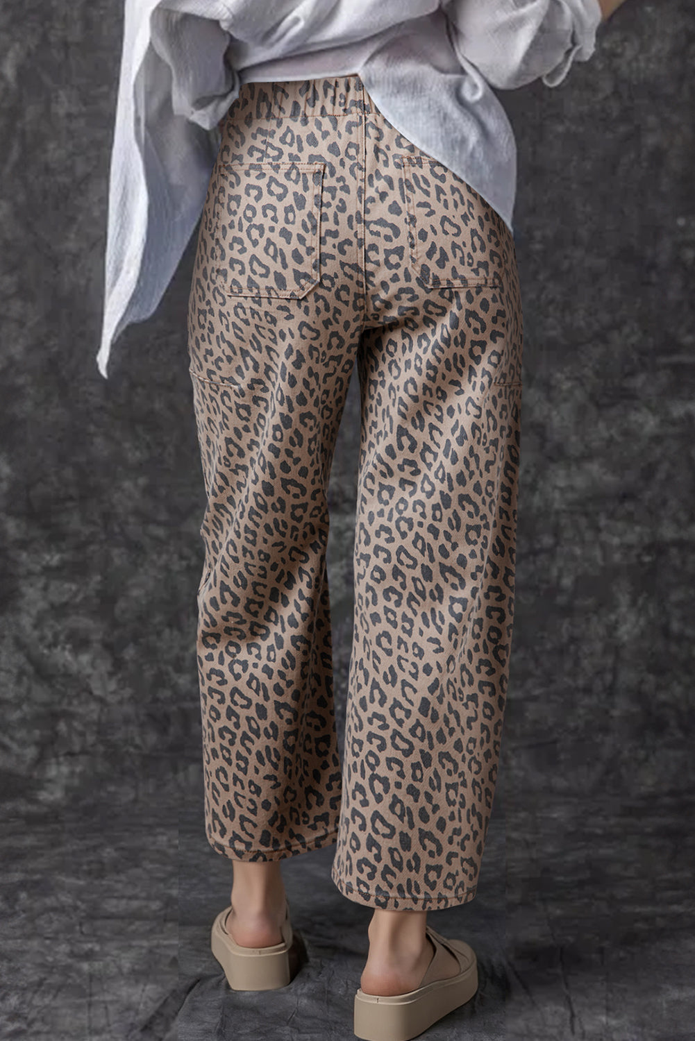 Leopard Printed Drawstring Elastic Waistband Pocketed Wide Leg Jeans