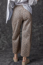 Leopard Printed Drawstring Elastic Waistband Pocketed Wide Leg Jeans