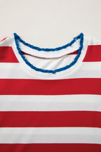 Striped Contrast Trim Round Neck Short Puff Sleeve Shift Mini Dress